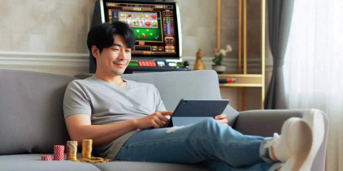 man playing online casino at home